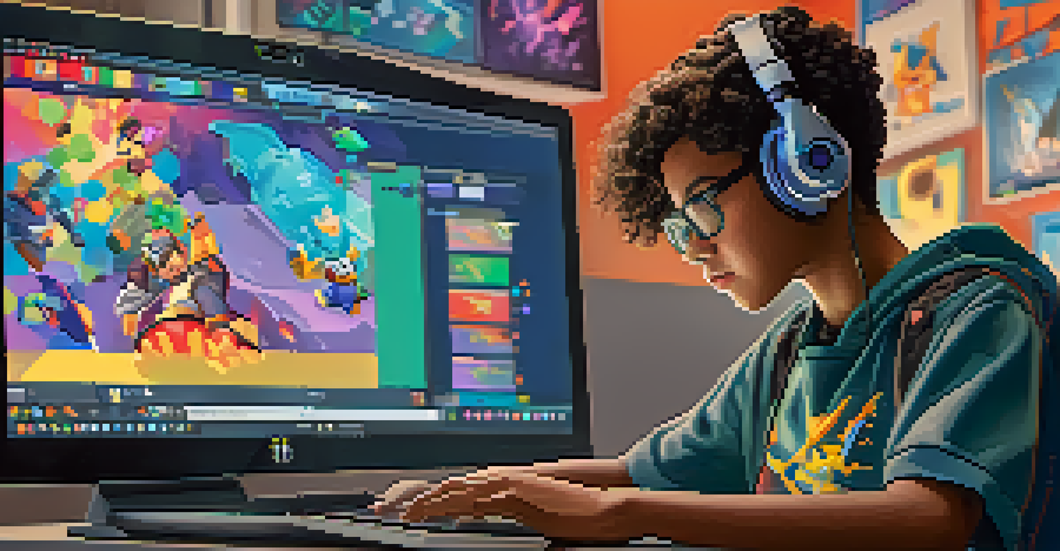 A student intently using coding software on a laptop, with vibrant video game graphics on the screen, in a creative classroom filled with educational posters.