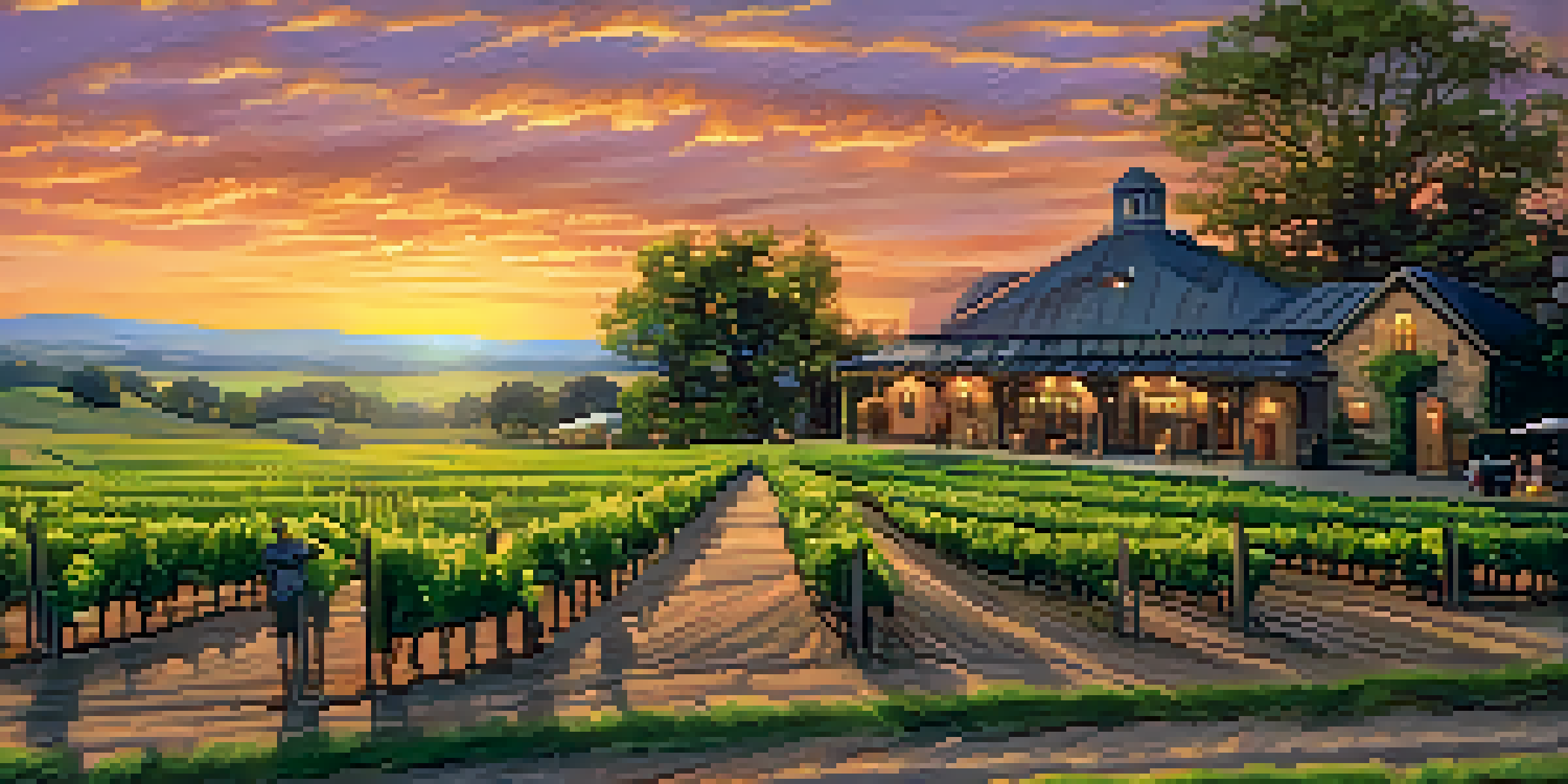 A scenic vineyard in Buffalo with grapevines, a wooden sign for the winery, and a couple having wine on a patio during sunset.
