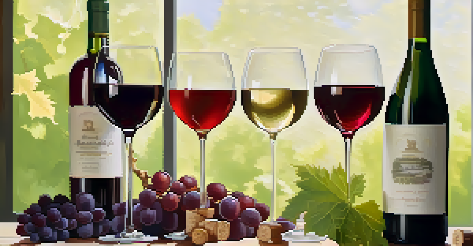 A close-up of glasses filled with different types of wine from Buffalo on a wooden table, with grape clusters in the background.