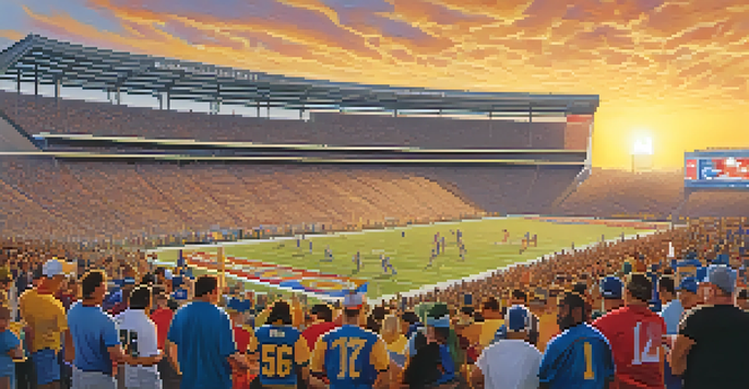 A vibrant tailgating scene with Buffalo sports fans wearing jerseys, grilling, and celebrating outside a football stadium during sunset.