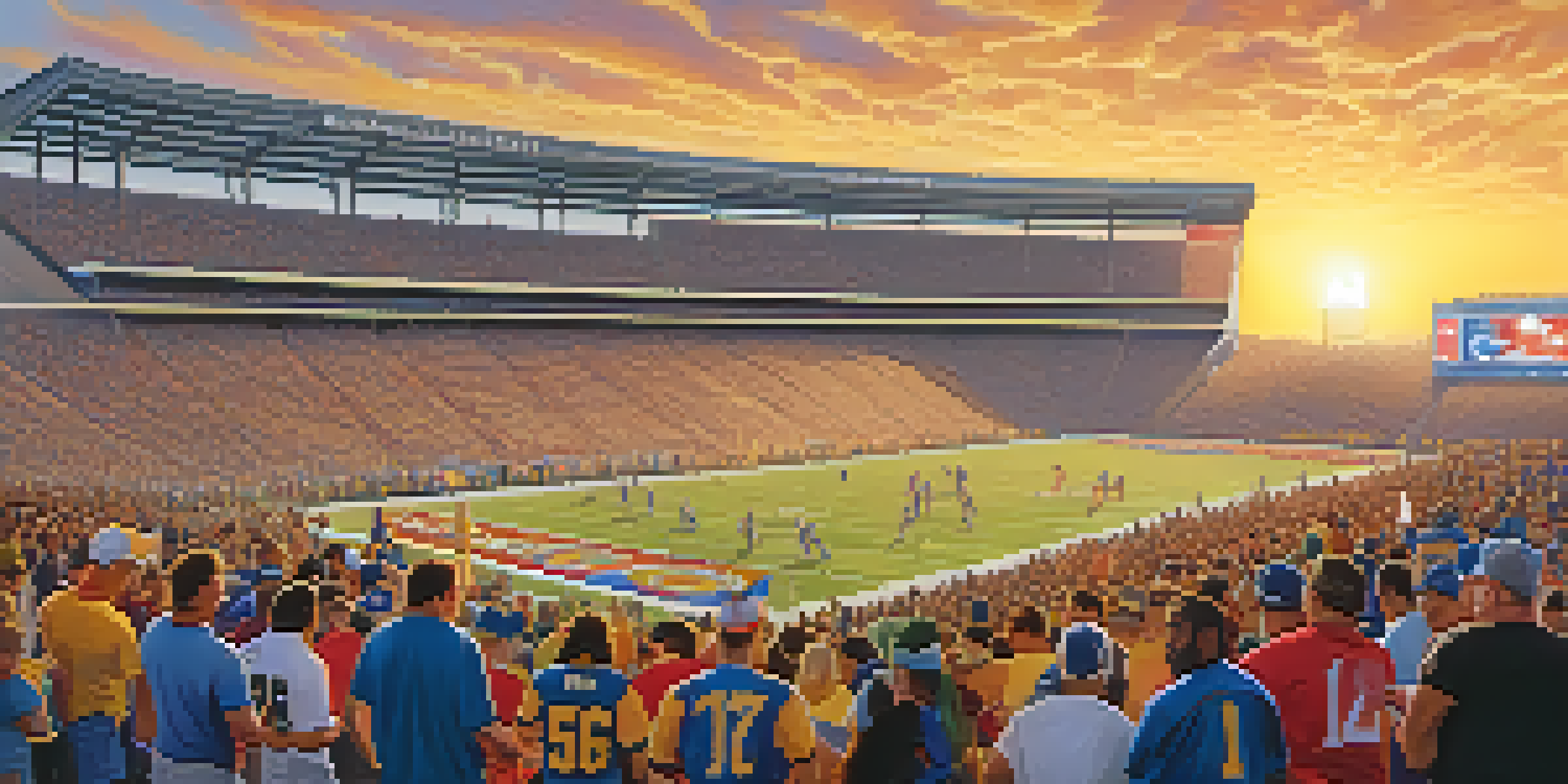 A vibrant tailgating scene with Buffalo sports fans wearing jerseys, grilling, and celebrating outside a football stadium during sunset.