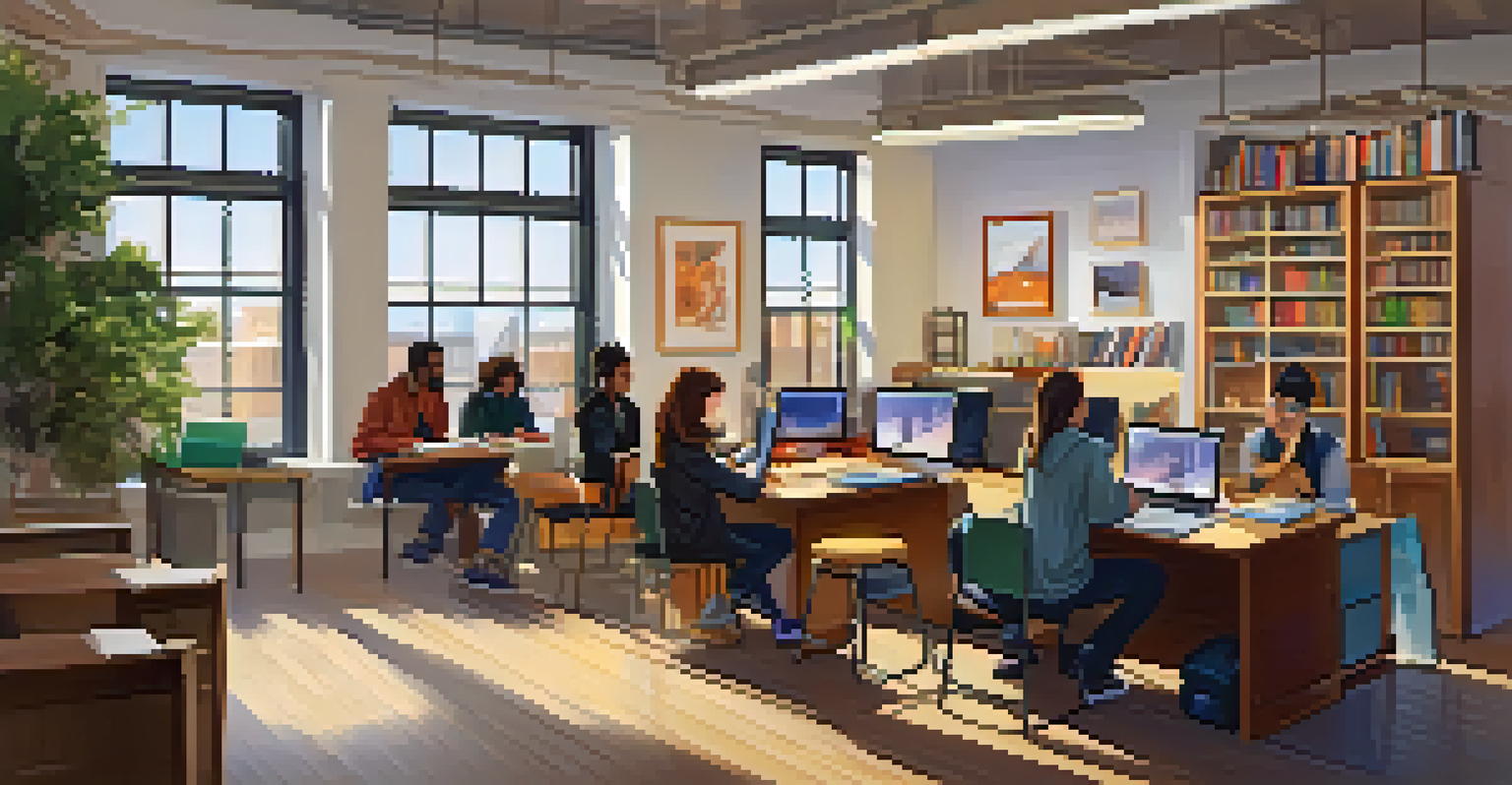 Students of different backgrounds collaborating in a study area of a community college, surrounded by bookshelves and modern furniture with warm lighting.