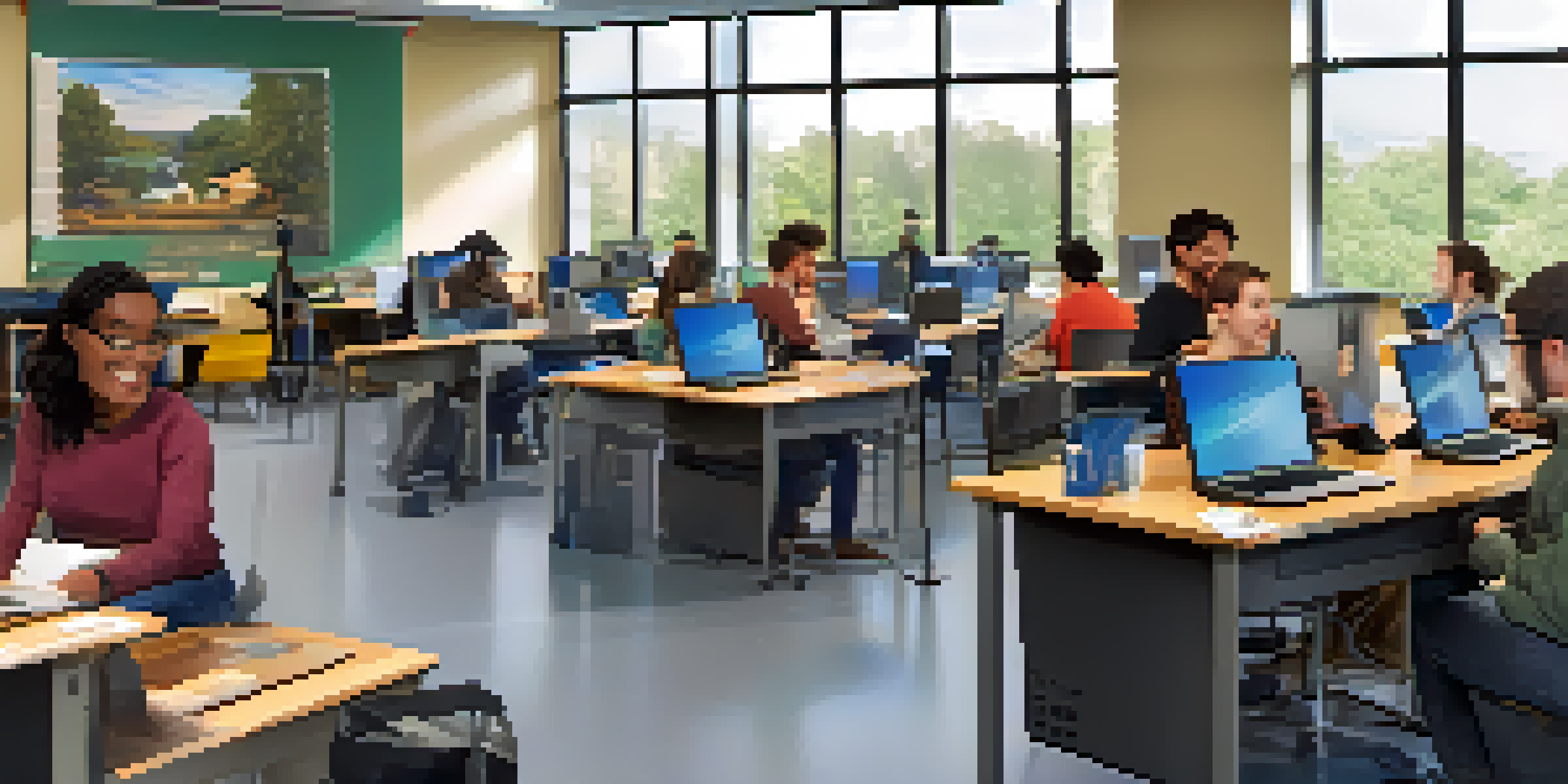 A classroom at Niagara County Community College with students working on tech projects, showcasing diverse individuals and modern technology.