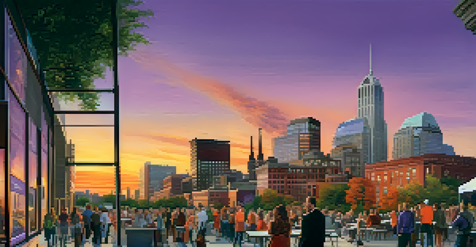 A sunset view of Buffalo's skyline with historic and modern buildings, featuring an outdoor tech event with people networking.