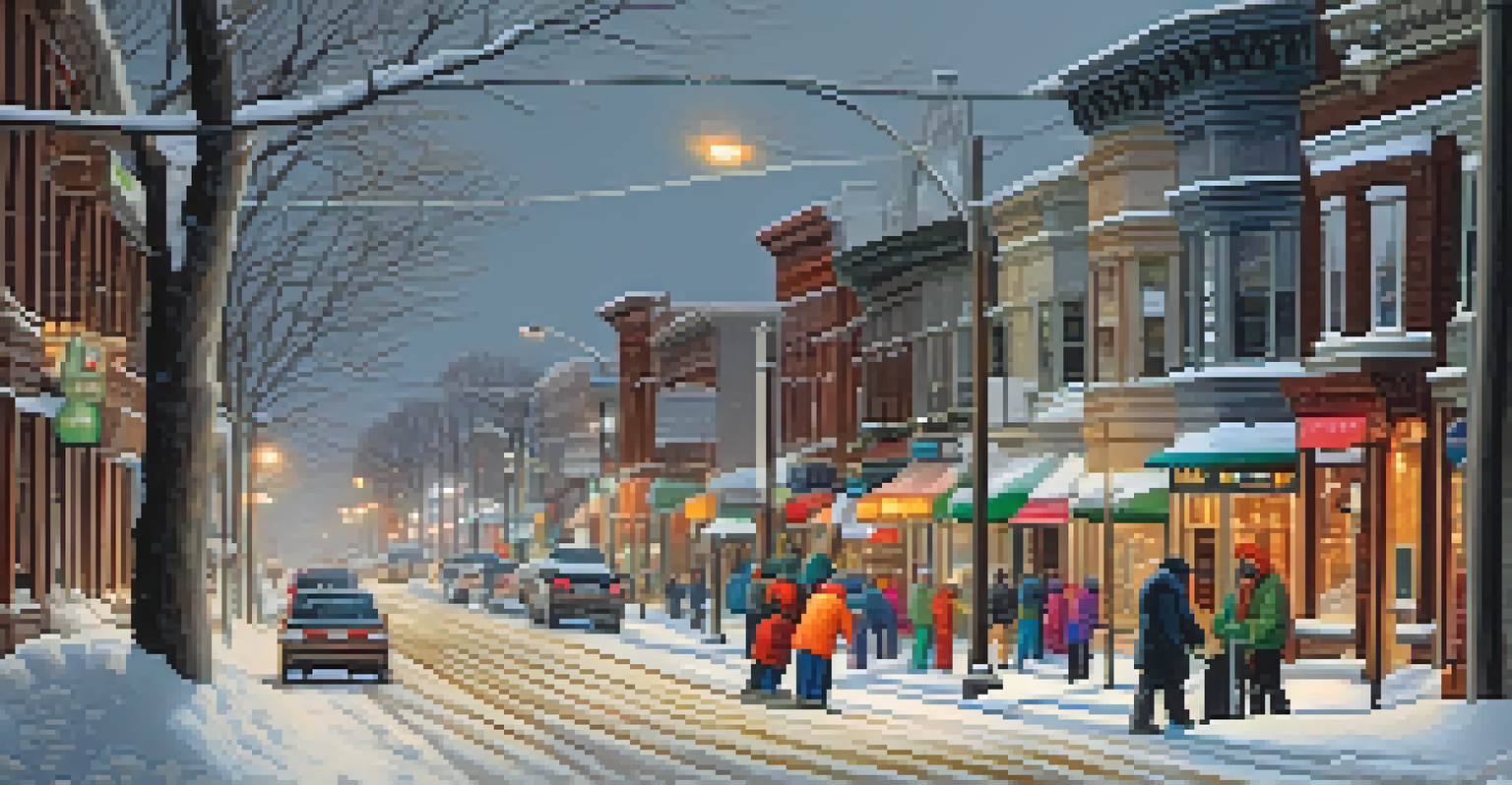 Close-up of a snow-covered street in Buffalo with people shoveling snow and building snowmen.