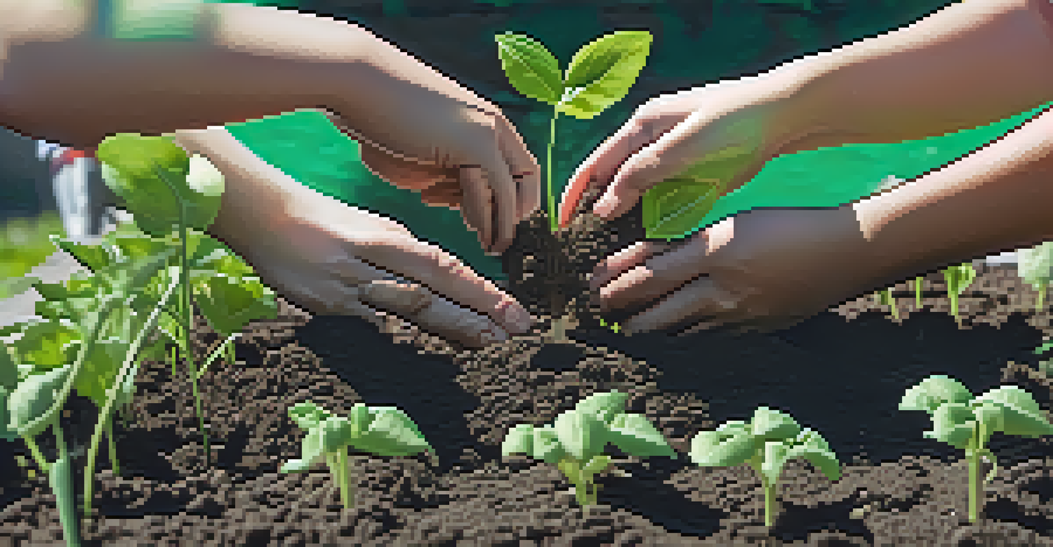 A close-up of hands planting seeds in a community garden, showcasing soil and sprouting plants under soft sunlight.