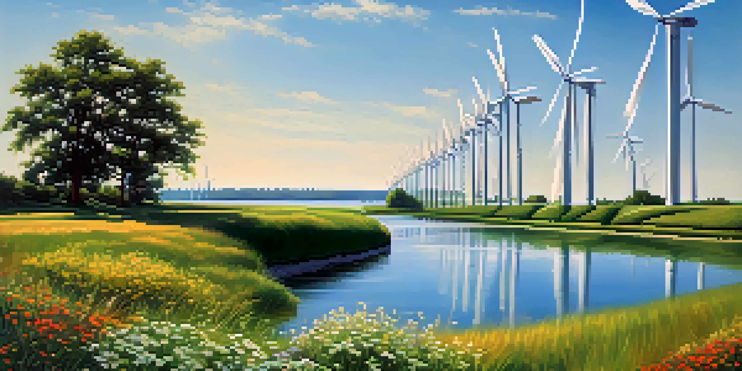 A wide landscape showing wind turbines near Lake Erie with green fields and blue sky.