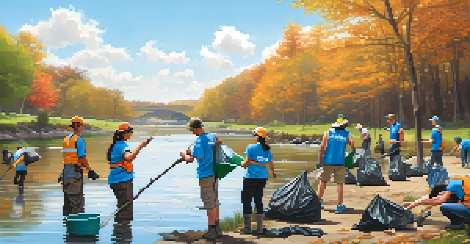 Volunteers cleaning up a riverbank, collecting trash and discussing wildlife conservation, set against a backdrop of trees and blue sky.