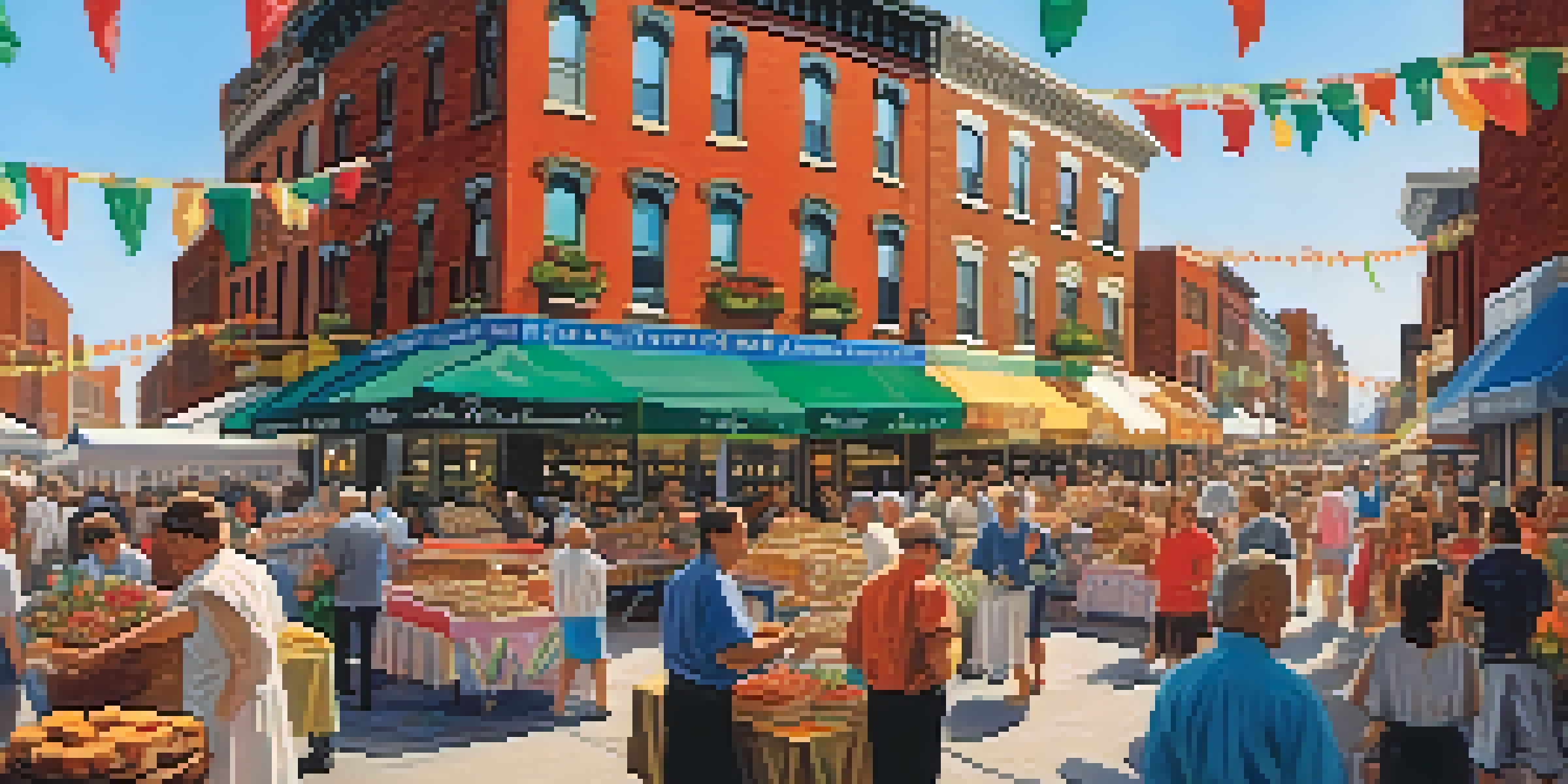 A lively street scene in Little Italy, Buffalo, during the Feast of St. Joseph, showcasing colorful stalls and people celebrating.