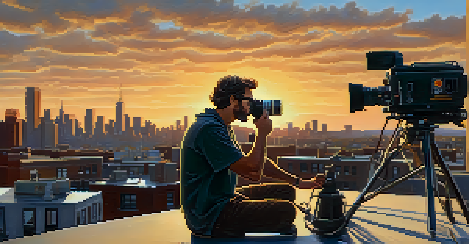 A modern Buffalo filmmaker using a camera on a rooftop with a city skyline in the background.