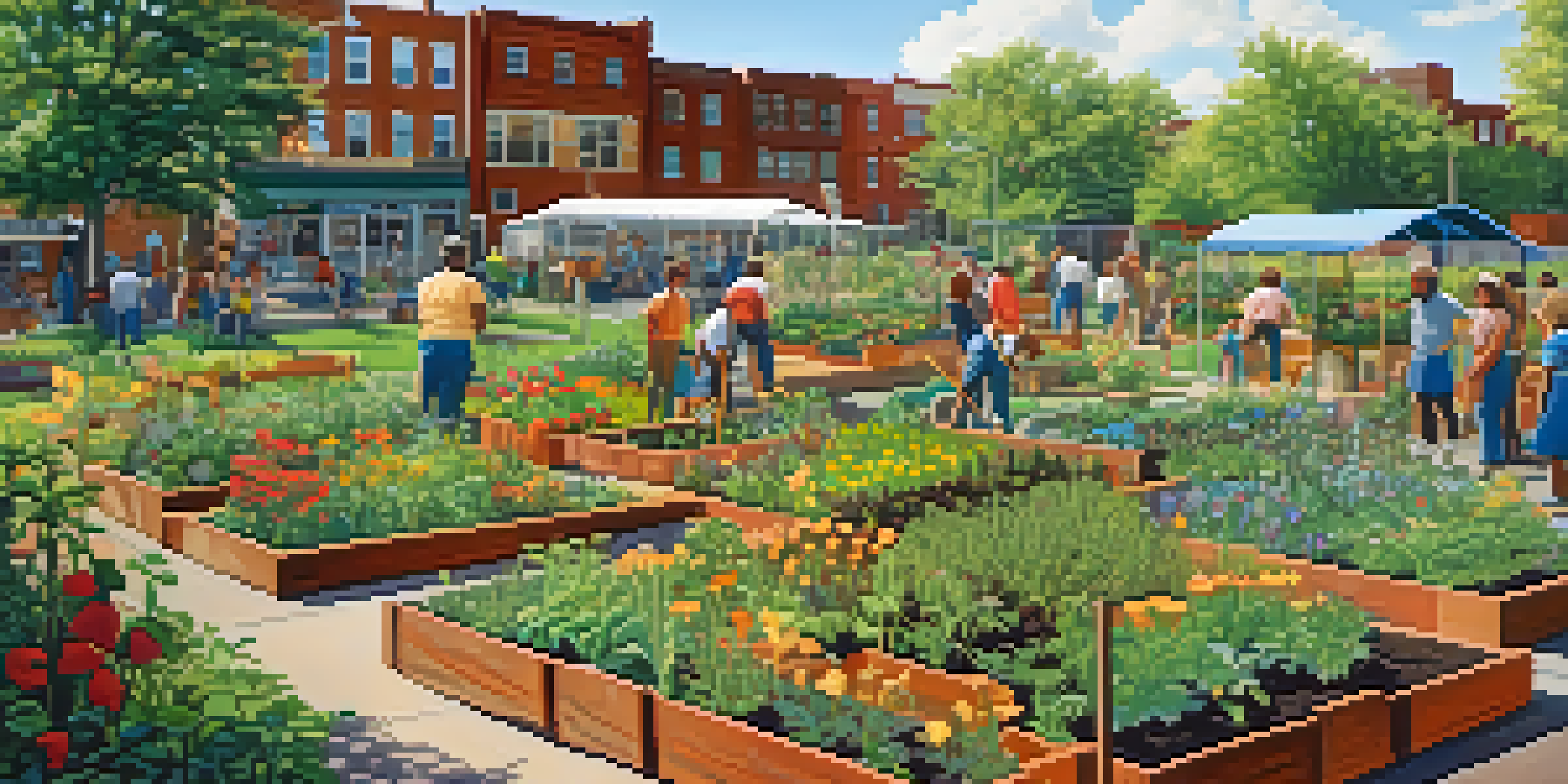 A lively community garden in Buffalo with residents and children participating in gardening activities under the sunlight, surrounded by colorful flowers and a mural.