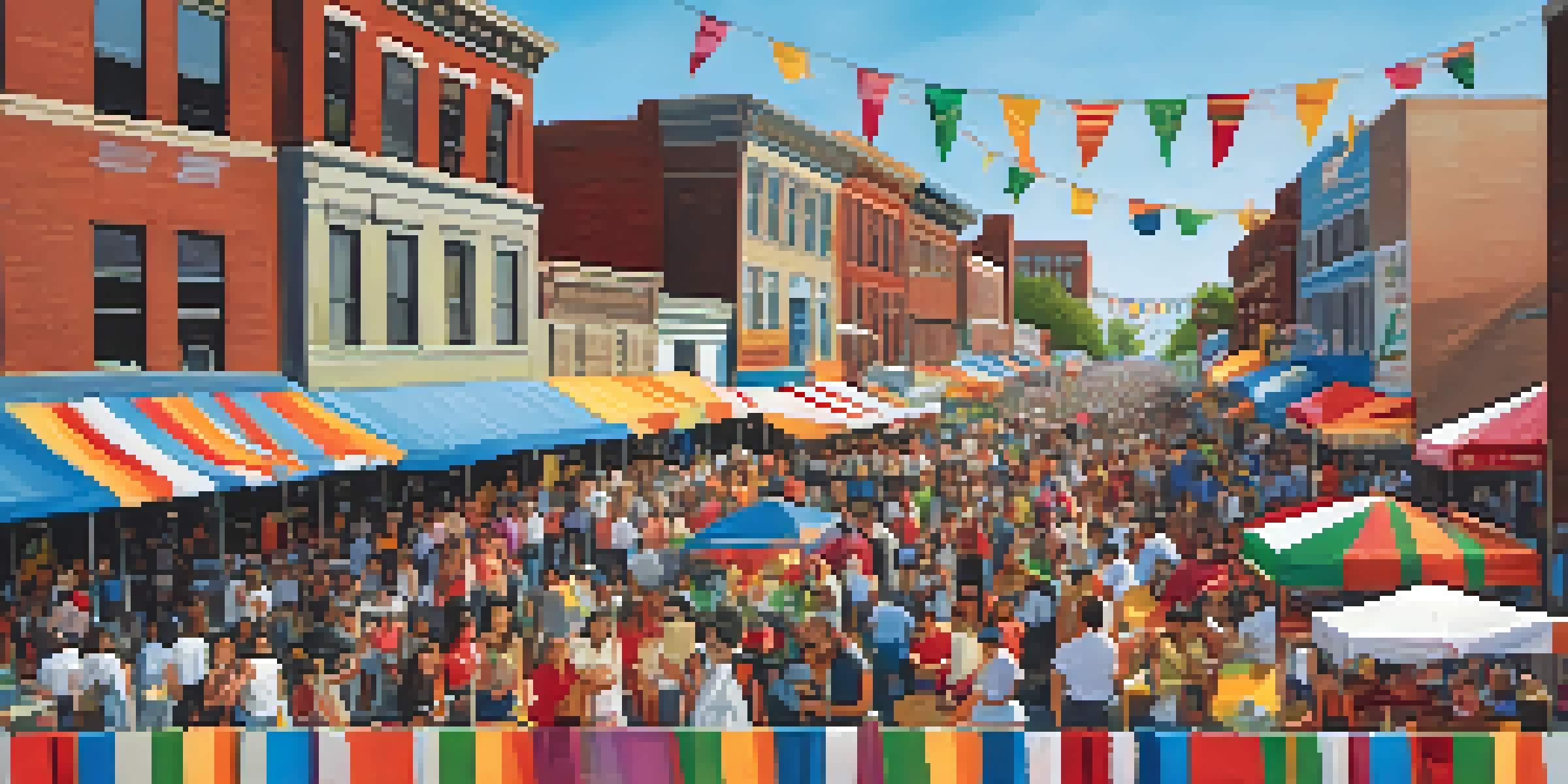 A lively street scene at a Hispanic festival with colorful decorations, people dancing, and food stalls.