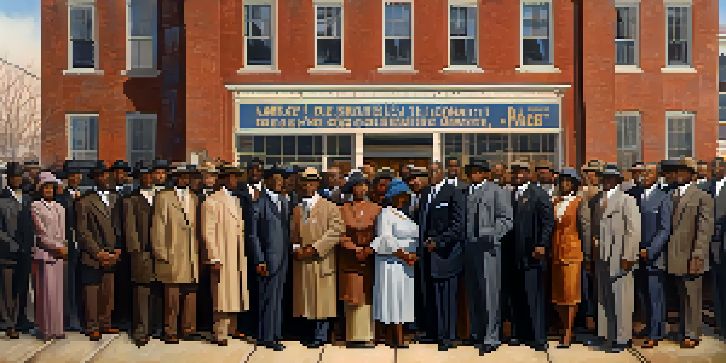 A group of African American leaders from the 1920s gathered in front of a building with an NAACP banner, wearing period clothing and displaying unity and hope.