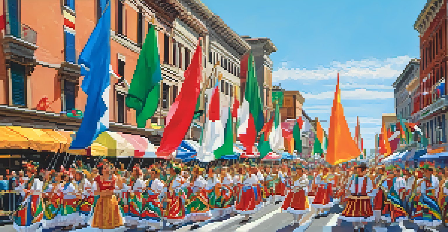 A lively Italian festival parade in Buffalo, featuring colorful floats and performers, celebrating Italian heritage.