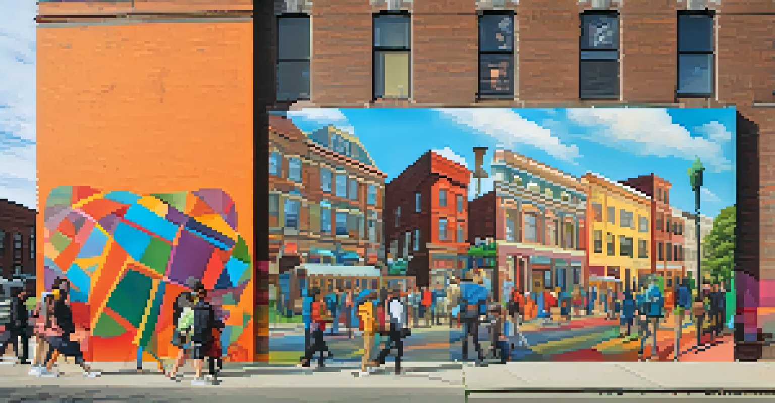 A colorful mural on a historic building in Buffalo, with people interacting around the vibrant public art installation.