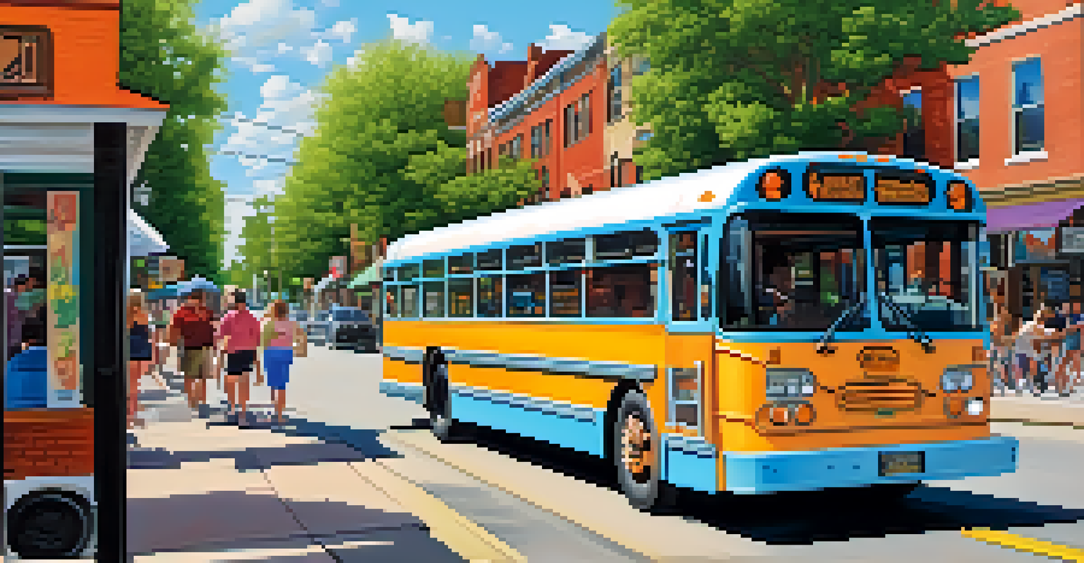 A vibrant Buffalo city bus in Elmwood Village with people boarding, surrounded by trees and shops on a sunny day.