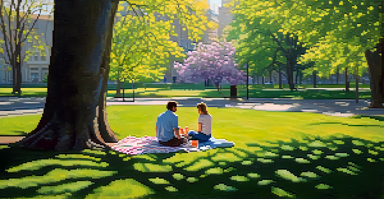 A peaceful park scene in Buffalo with a picnic setup on a blanket surrounded by blooming flowers and trees, capturing the essence of spring.