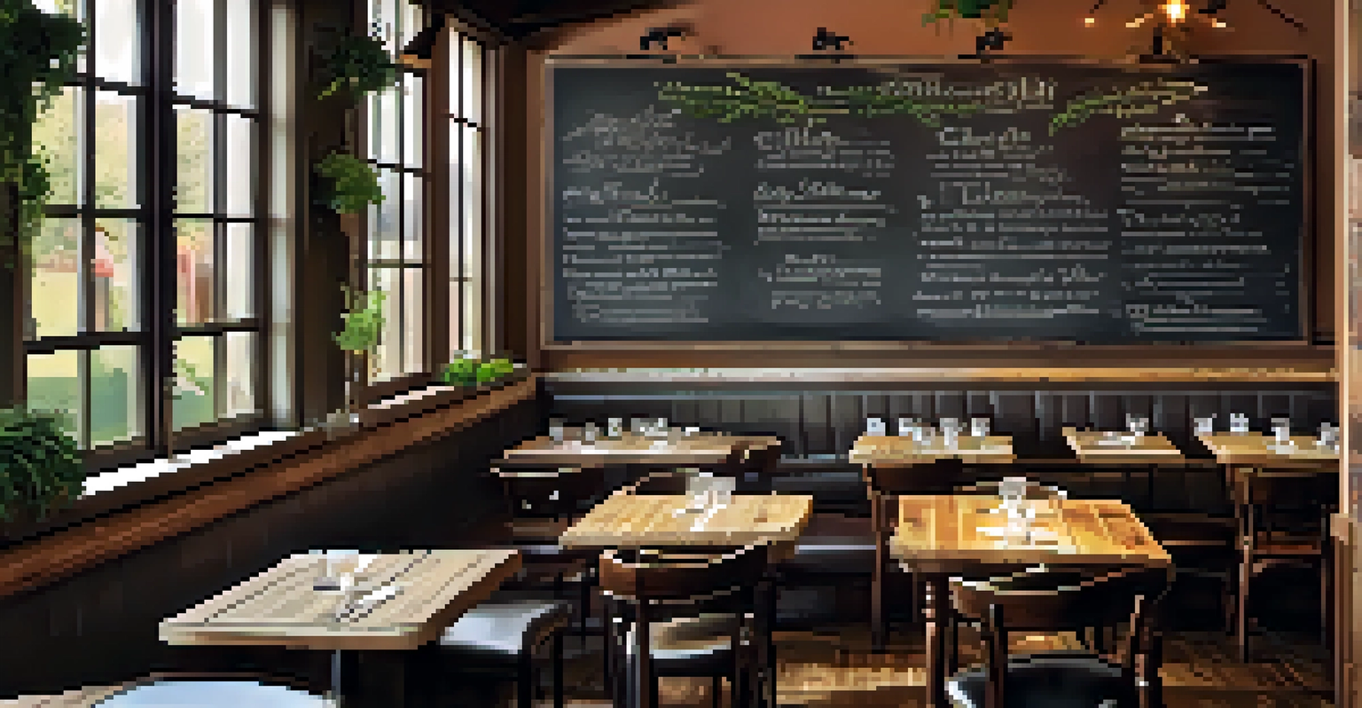 The interior of a cozy farm-to-table restaurant with a chalkboard menu, rustic tables, and diners enjoying meals made from local produce.