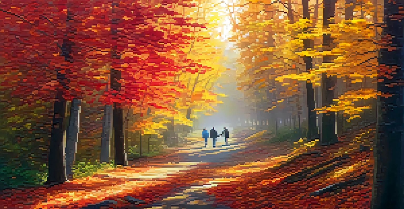 A couple walking along a trail in a park surrounded by colorful fall foliage.