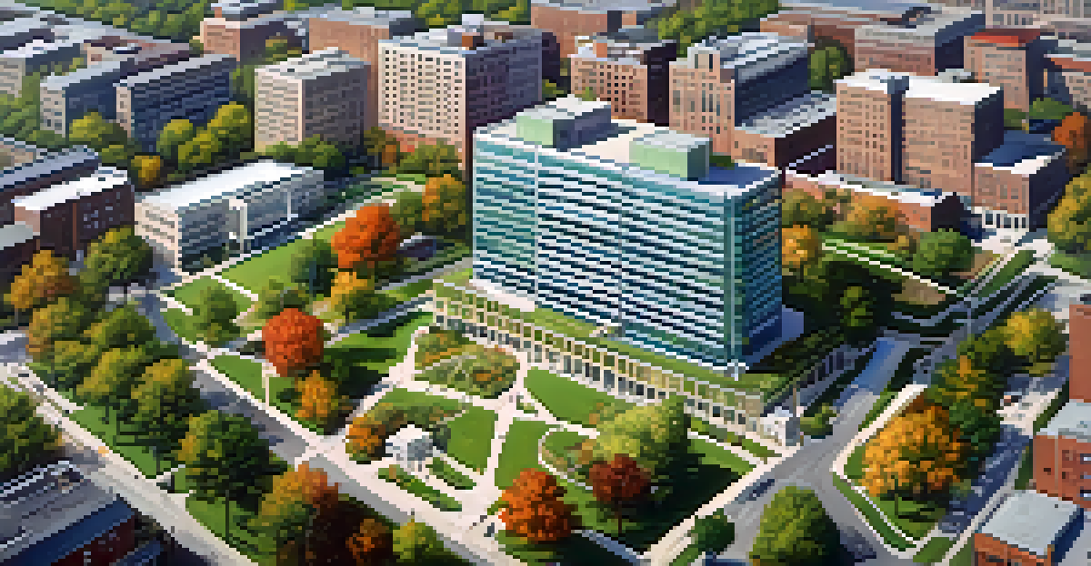 Aerial view of Buffalo's medical institutions including the University at Buffalo and Roswell Park, showcasing modern architecture and green spaces.