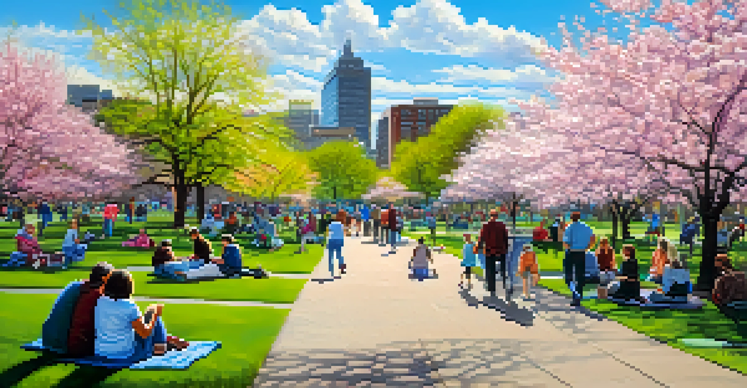 A spring day in Buffalo with cherry blossoms and people enjoying the sunny weather in a park.