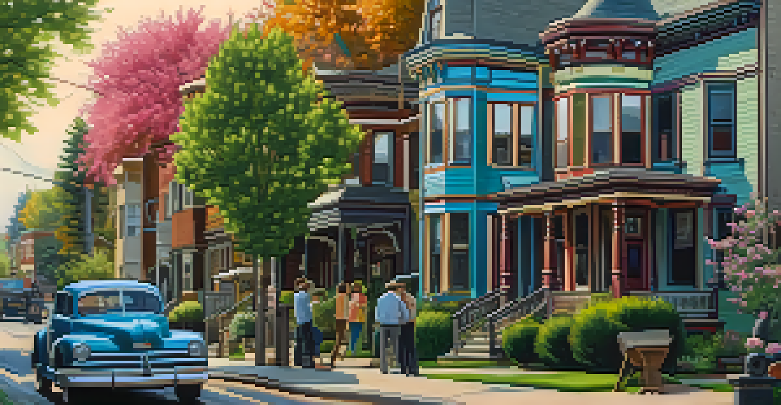 A cozy Buffalo neighborhood with Victorian homes, showing a film crew preparing for a shoot amidst blooming trees.