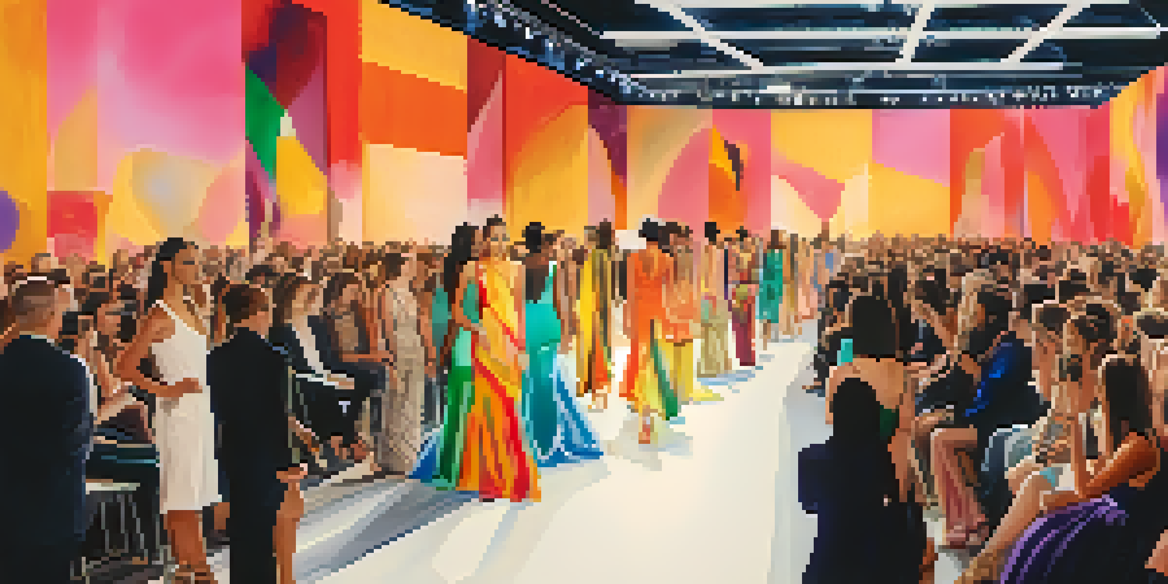 A lively fashion runway with models wearing eco-friendly clothing, surrounded by an engaged audience, illuminated by colorful lights.