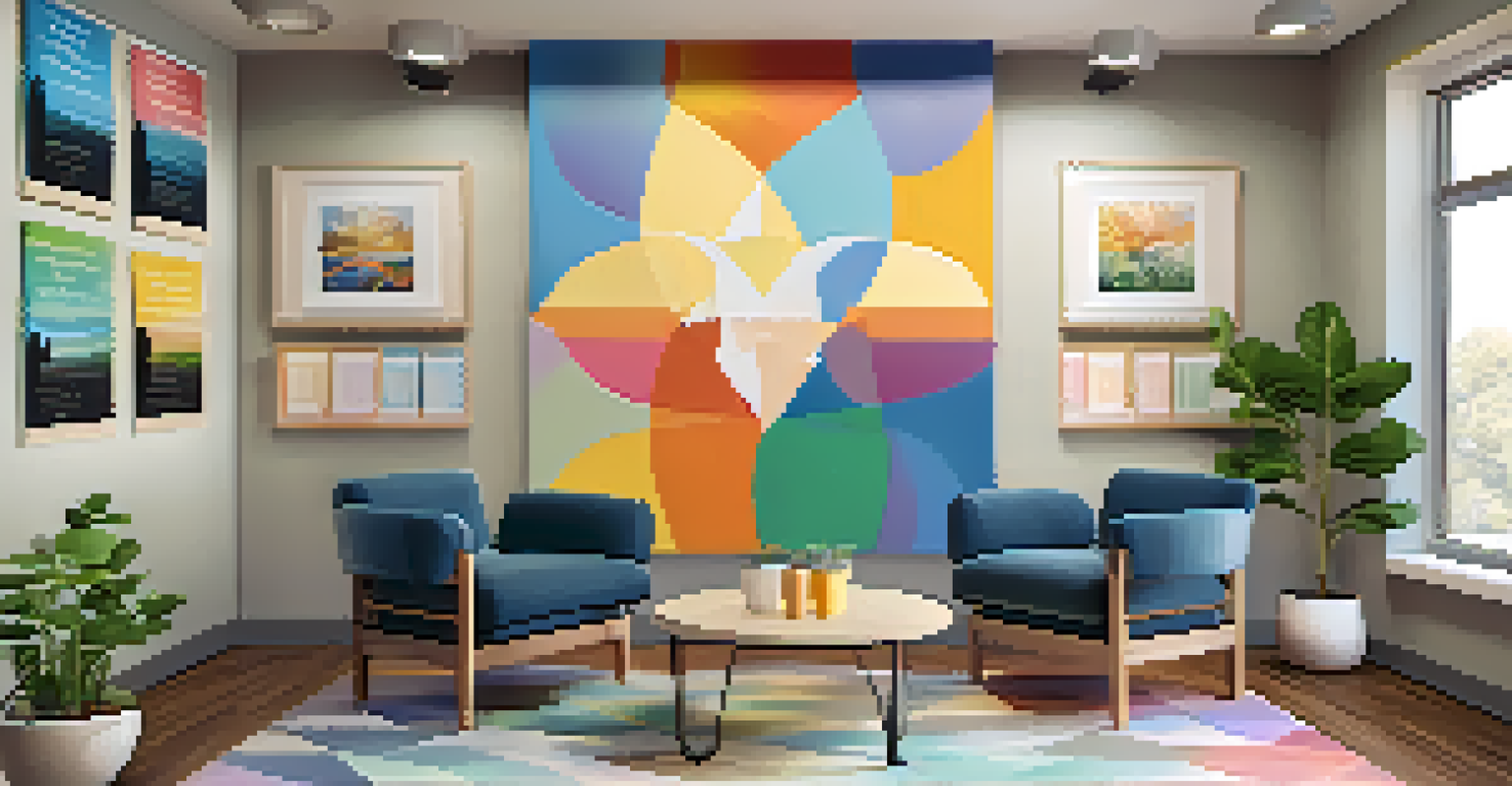 A cozy counseling room for youth mental health support, decorated with calming colors, comfortable seating, and artwork created by young people.