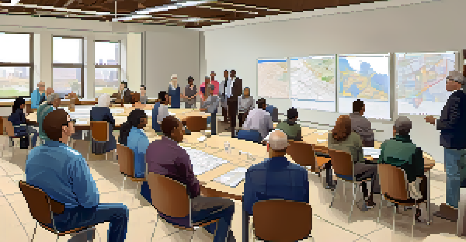 A community forum in Buffalo showing residents discussing zoning laws with charts and maps, highlighting community engagement.