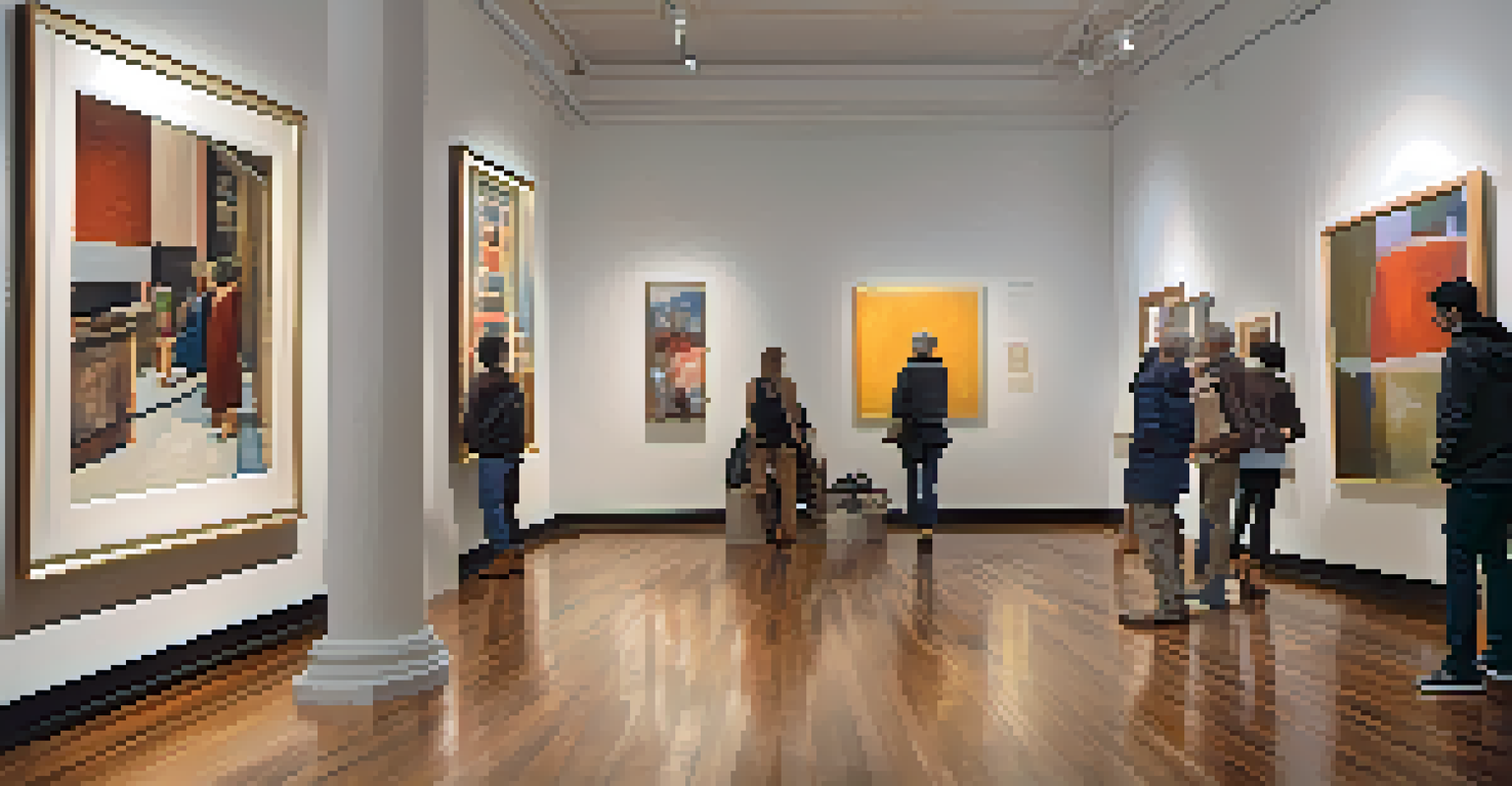 An art gallery filled with local artwork, showcasing mixed-media pieces under bright lights, with visitors engaging in conversation.