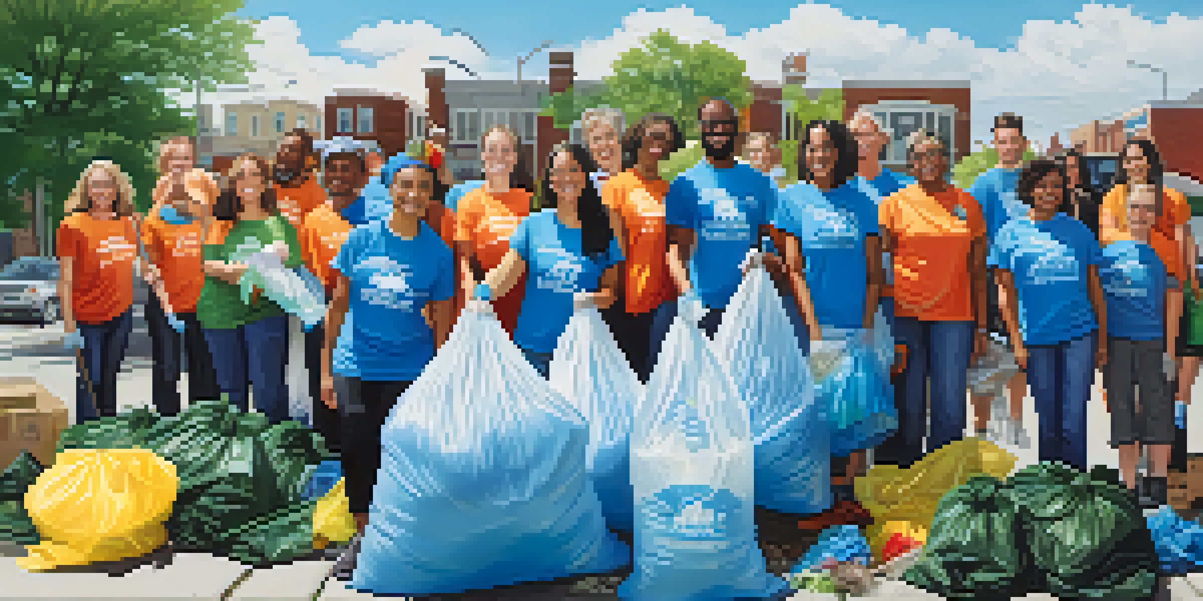 A diverse group of volunteers participating in a neighborhood clean-up event, surrounded by greenery and colorful trash bags, under a bright blue sky.