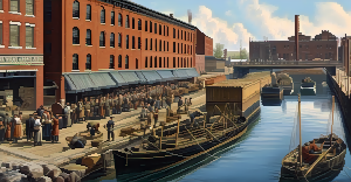 A busy scene of the Erie Canal in Buffalo, with boats and workers in historical attire, surrounded by factories and warehouses under a clear sky.
