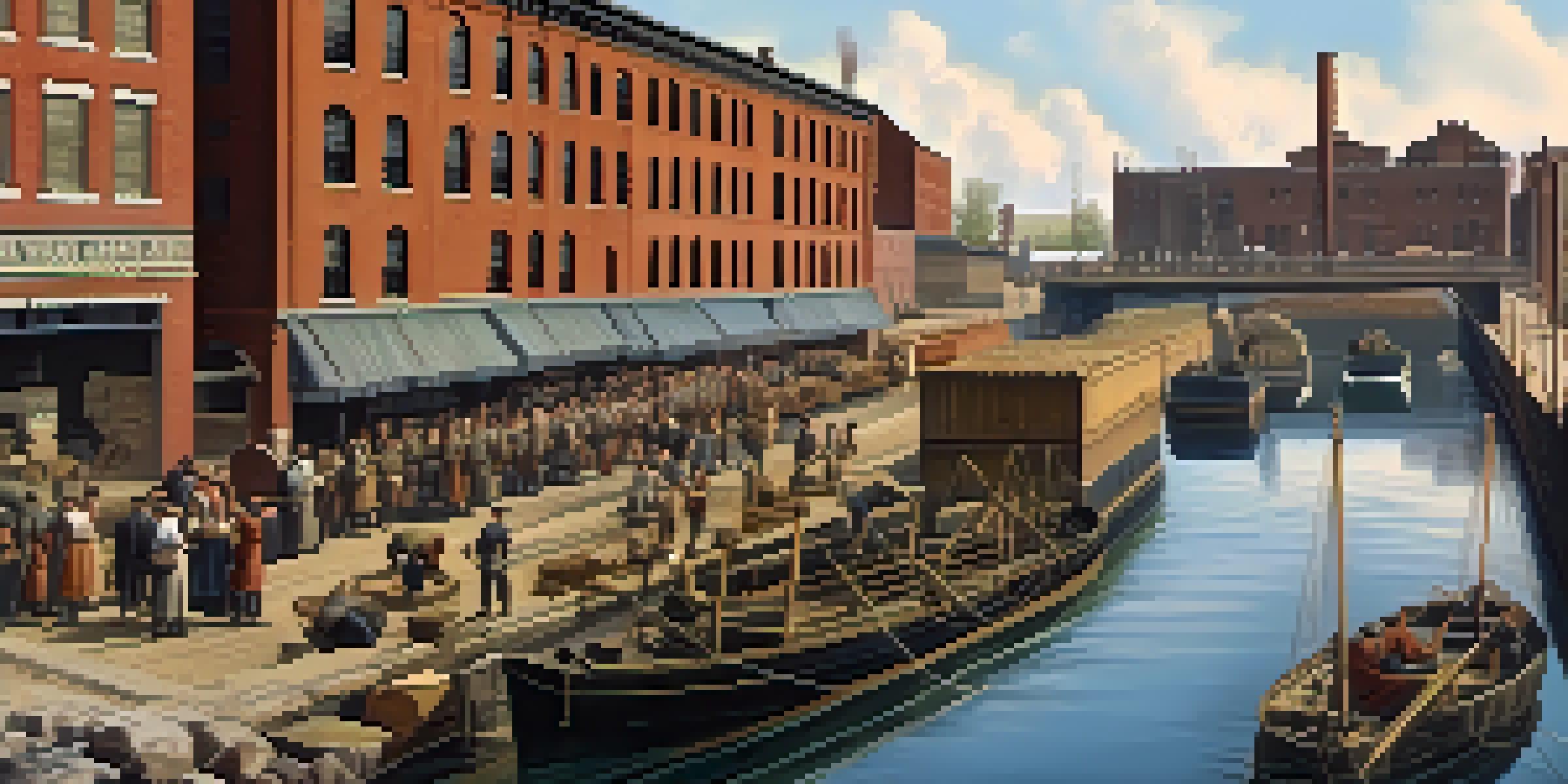 A busy scene of the Erie Canal in Buffalo, with boats and workers in historical attire, surrounded by factories and warehouses under a clear sky.