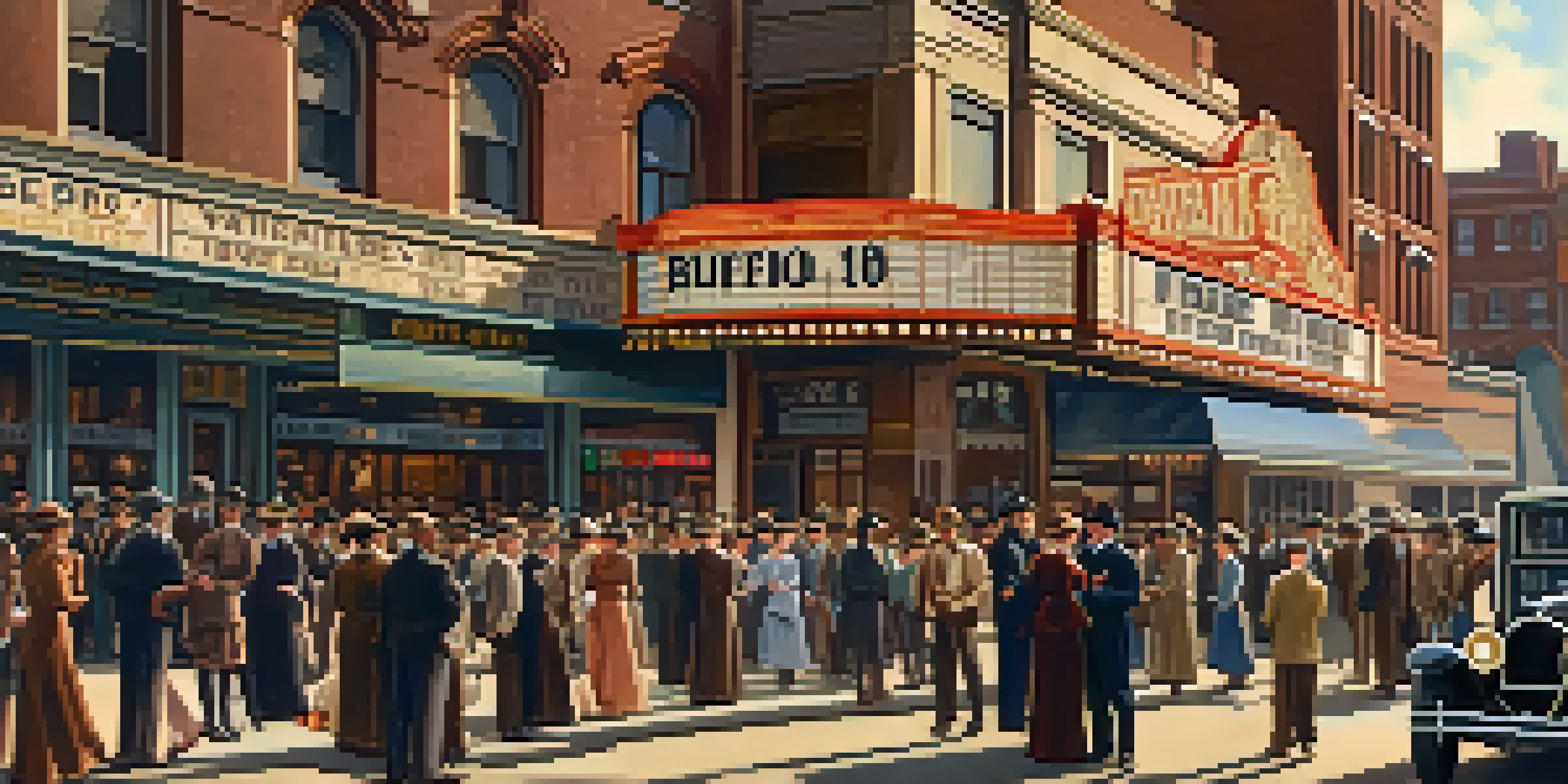 An early 1900s Buffalo street scene featuring a vintage theater and people in period clothing.