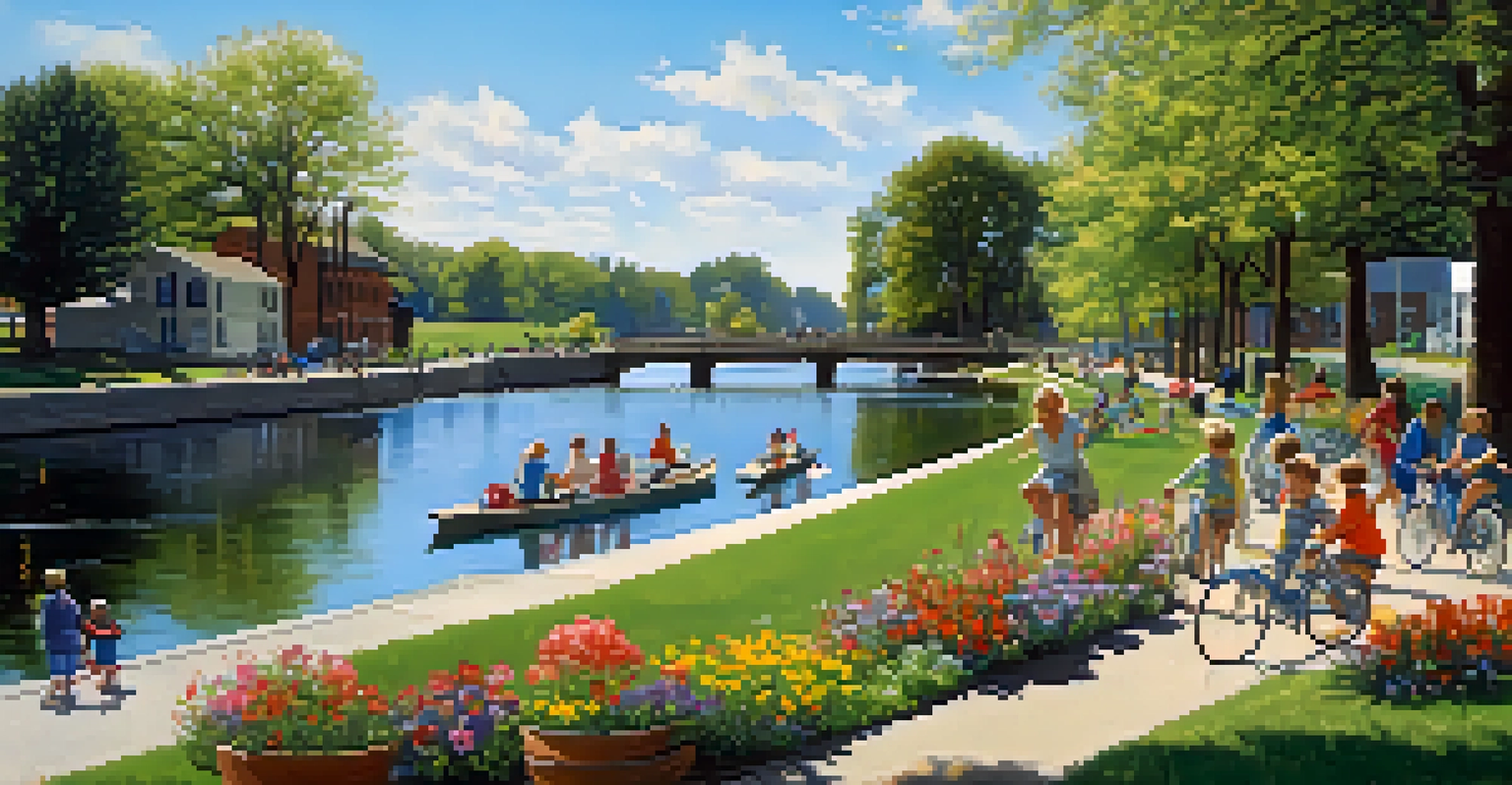 A modern day recreational scene on the Erie Canal with families biking, children playing, and people enjoying a picnic.