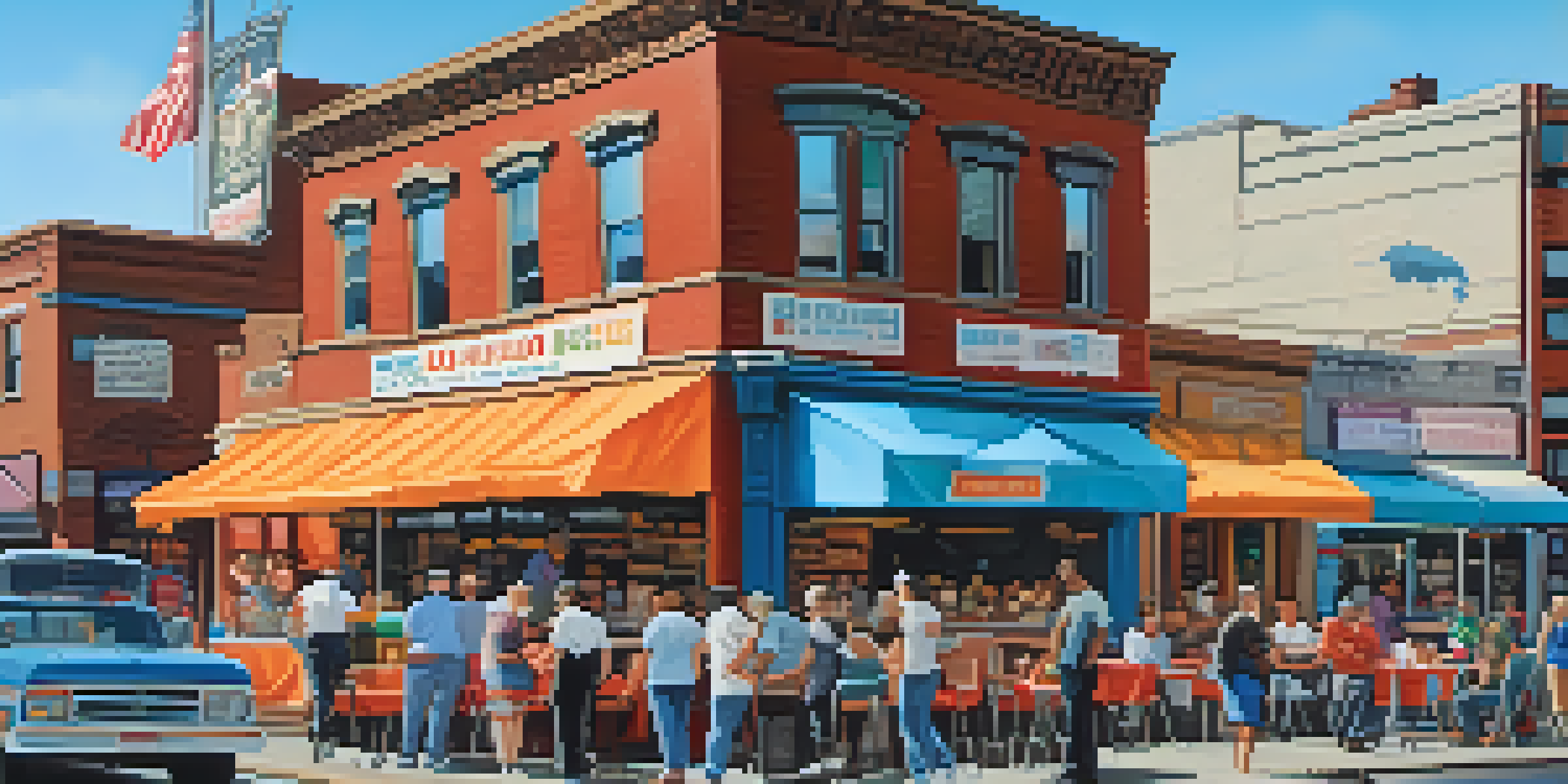 A vibrant street scene in Buffalo filled with local businesses, people chatting, and a food truck under a clear blue sky.