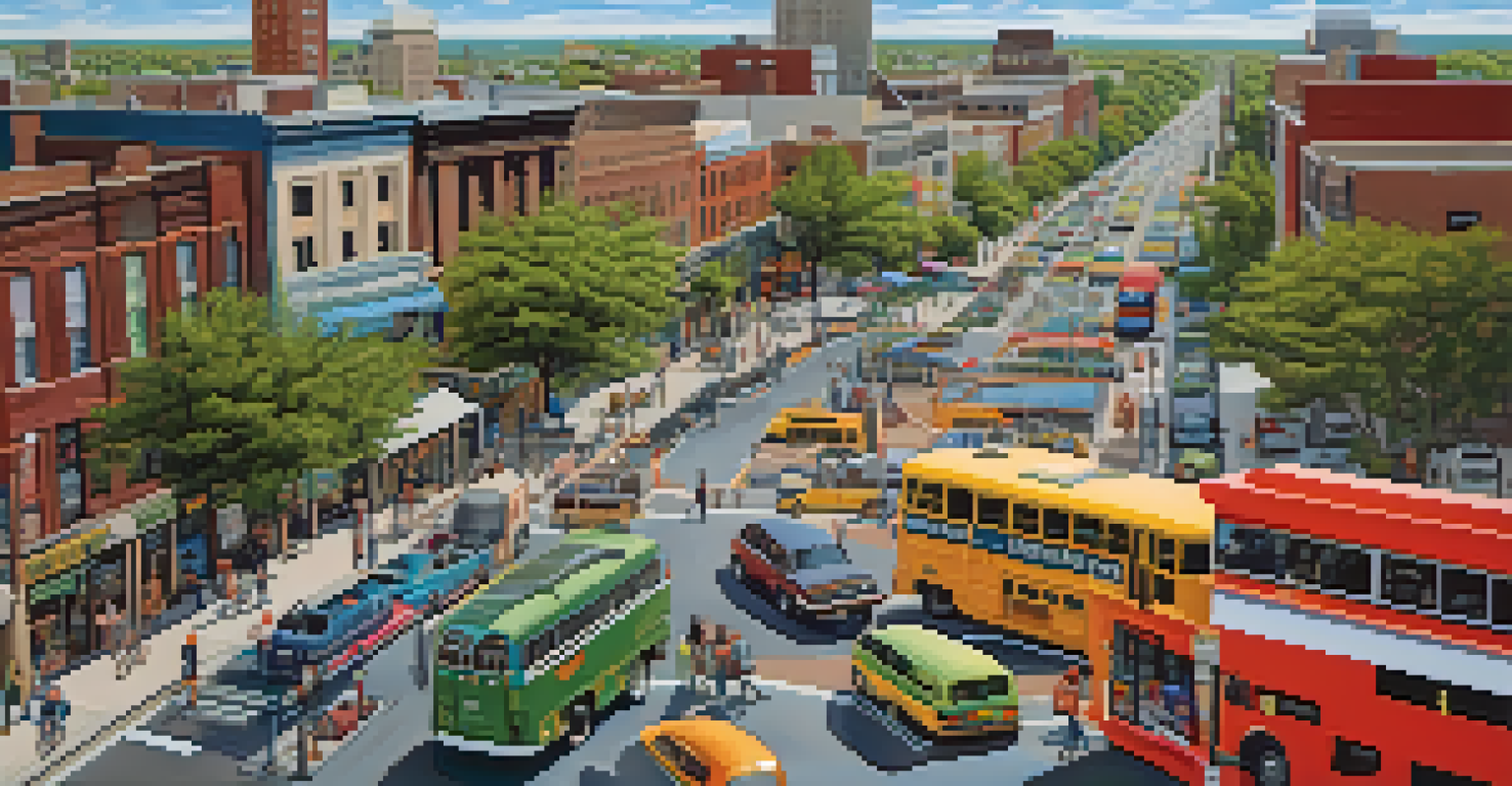 Aerial view of Buffalo city streets filled with buses, bicycles, and pedestrians during peak hours.