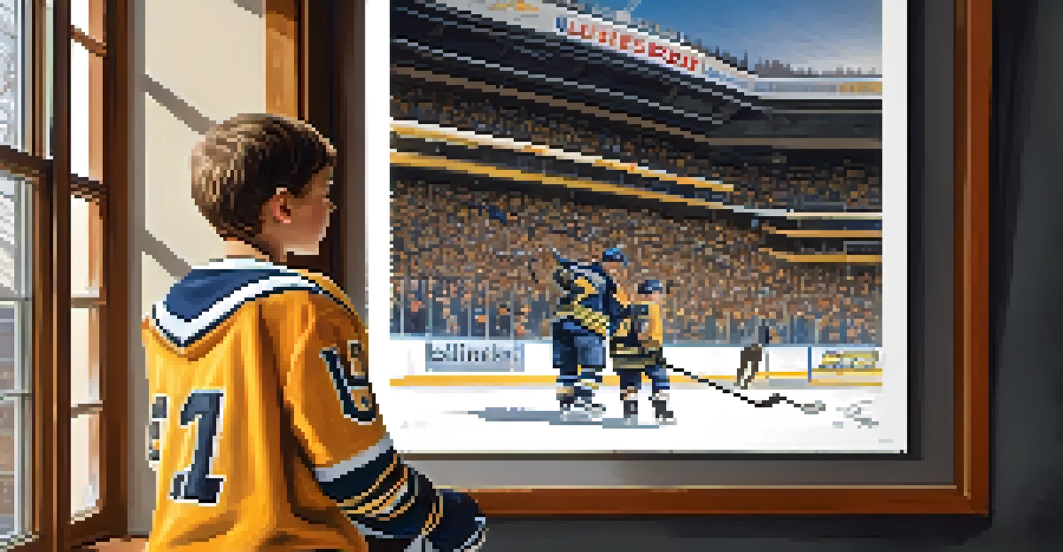 A young fan in a Buffalo Sabres jersey admiring a poster of a local sports hero in a memorabilia-filled room.