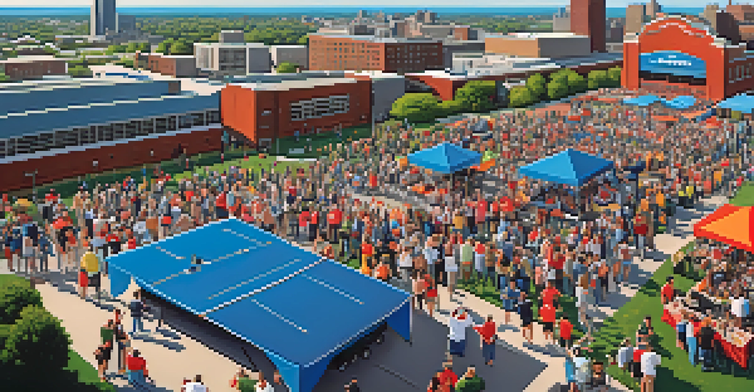 Aerial view of a tailgate party with fans dancing, playing games, and enjoying food in a vibrant atmosphere.