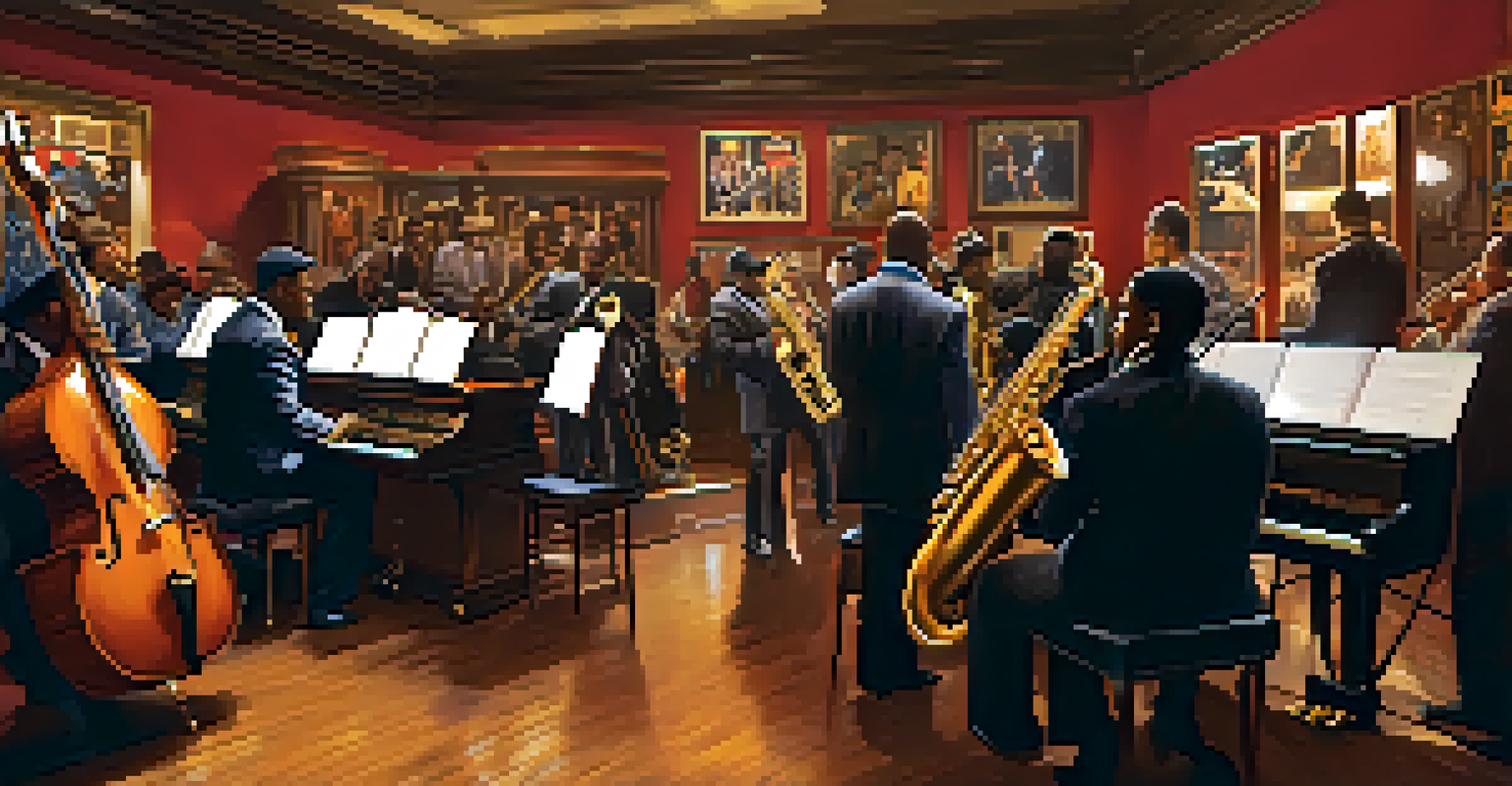An interior view of the Colored Musicians Club, featuring musicians performing jazz with vintage decor and photographs of renowned artists on the walls.
