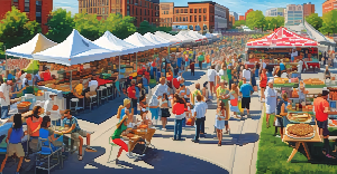 A lively outdoor food festival scene with diverse food stalls and happy attendees enjoying gourmet burgers and desserts under sunny skies.