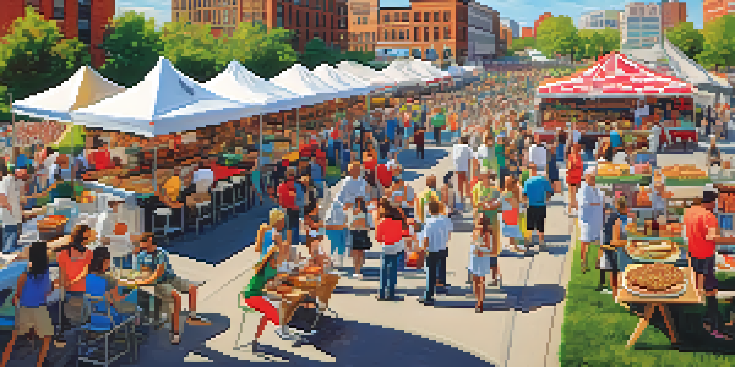 A lively outdoor food festival scene with diverse food stalls and happy attendees enjoying gourmet burgers and desserts under sunny skies.