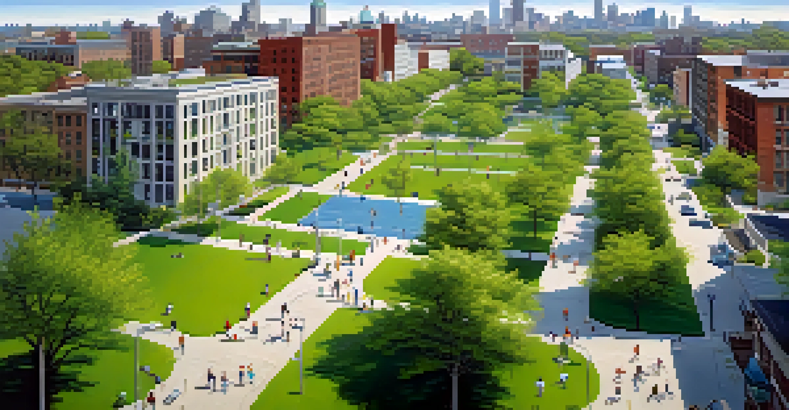 Aerial view of Buffalo showing urban buildings and green parks with people enjoying outdoor activities.