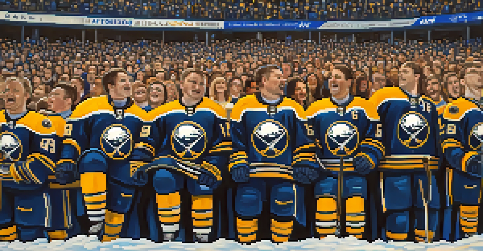 Buffalo Sabres fans singing the national anthem together at a hockey game, creating a sense of unity and pride.