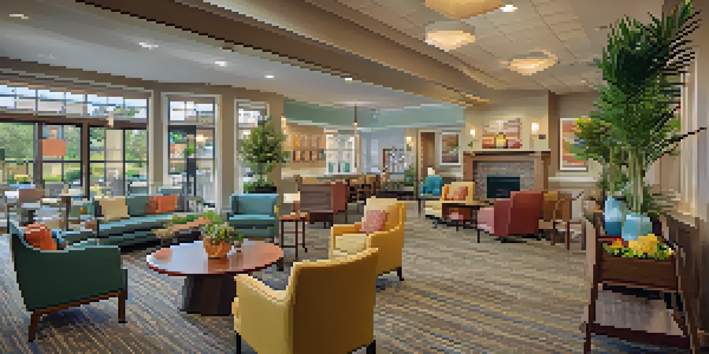 A warm and welcoming lounge in a senior living community with residents reading and playing games.