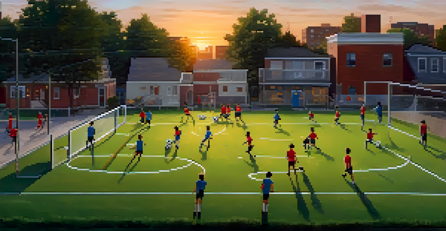 An overhead view of young players practicing soccer with coaches and parents watching in a Buffalo park.
