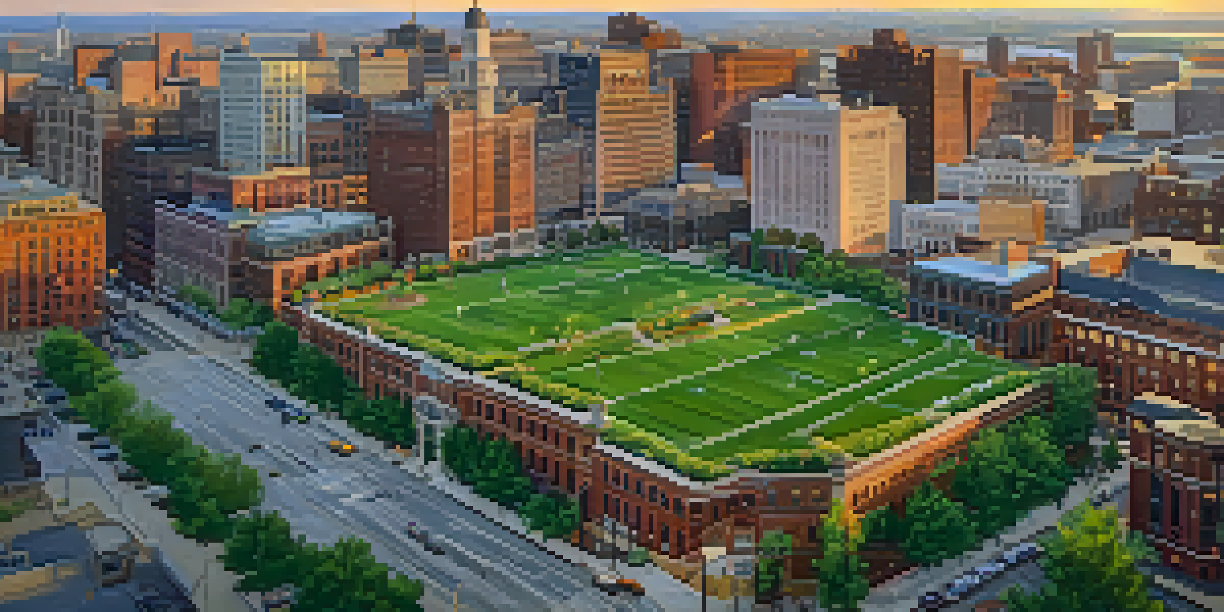 A wide view of Buffalo, New York, featuring a mix of historic and modern architecture bathed in warm sunset light, with a park and people in the foreground.