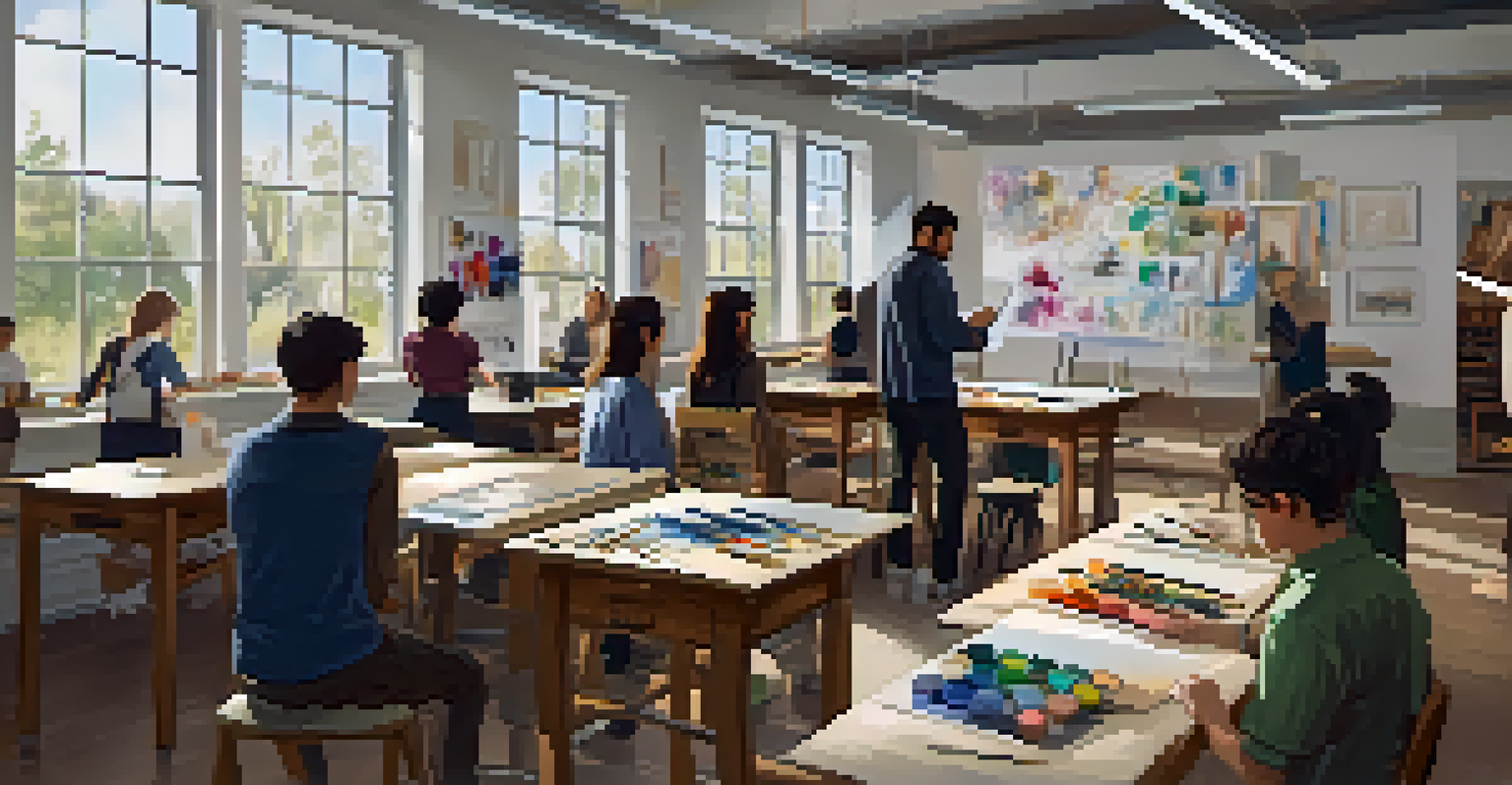 A mentor artist instructing students in an art classroom, with supplies around and students actively engaged in their artwork.