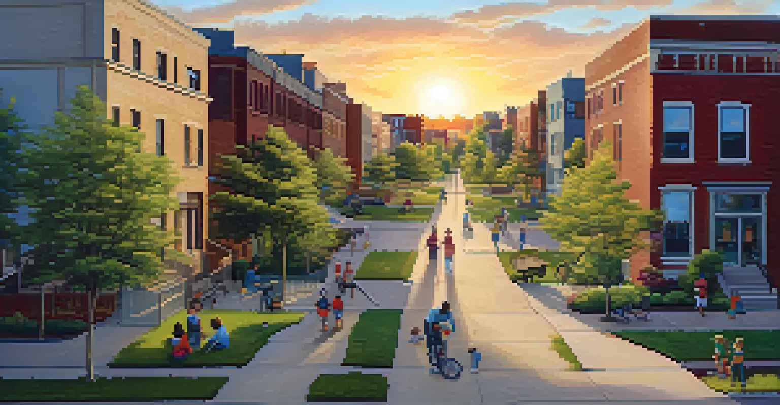 A revitalized Buffalo neighborhood with families enjoying a park, colorful murals, and newly planted trees at sunset.