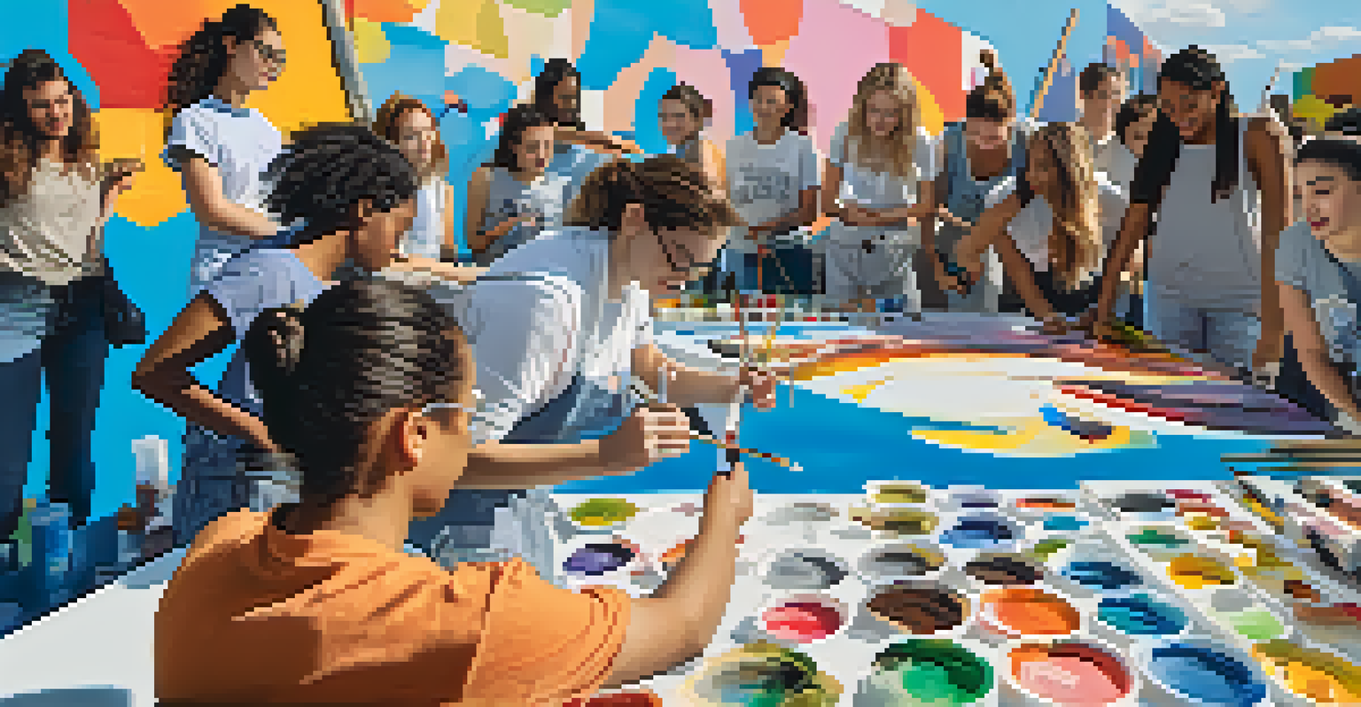 Students and local artists collaborating on a mural at a college, with vibrant colors and a clear blue sky.